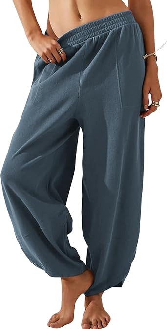 Himosyber Women Cotton Pants Wide Leg Pants Casual Loose Baggy Elastic Waist Beach Palazzo Harem Pants