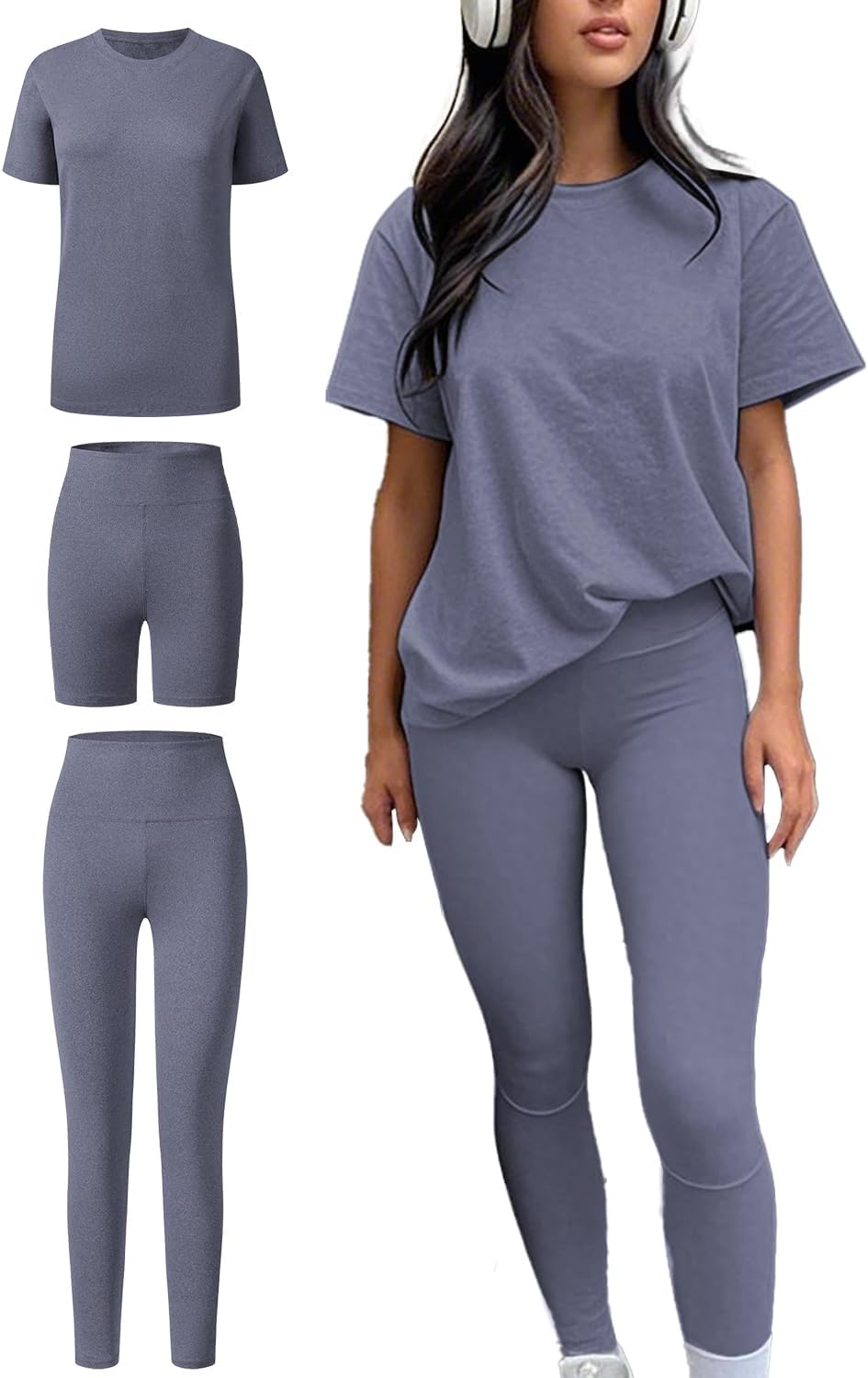 ZFLM Casual Workout Three-Piece Leggings Short Sleeve Crew Neck Streetwear Loungewear