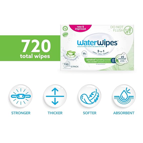 WaterWipes Hydrating Clean Baby Wipes, 99% Water-Based Formula with Aloe Vera to Hydrate & Clean Skin, Unscented & Hypoallergenic, 12 Resealable Packs (720 Wipes)