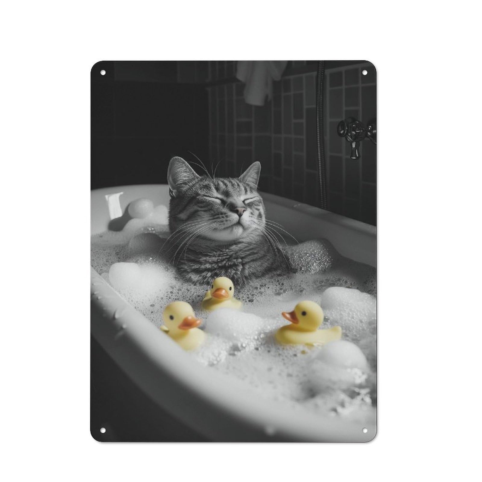 Junmoney Style-15 Tin Wall Sign With Cat In Bathtub With Rubber Ducks Funny Bathroom Poster Design 40X30cm, Classic Kitchen Wall Decor For Restaurant, Kitchen, Counter Or Breakfast Nook