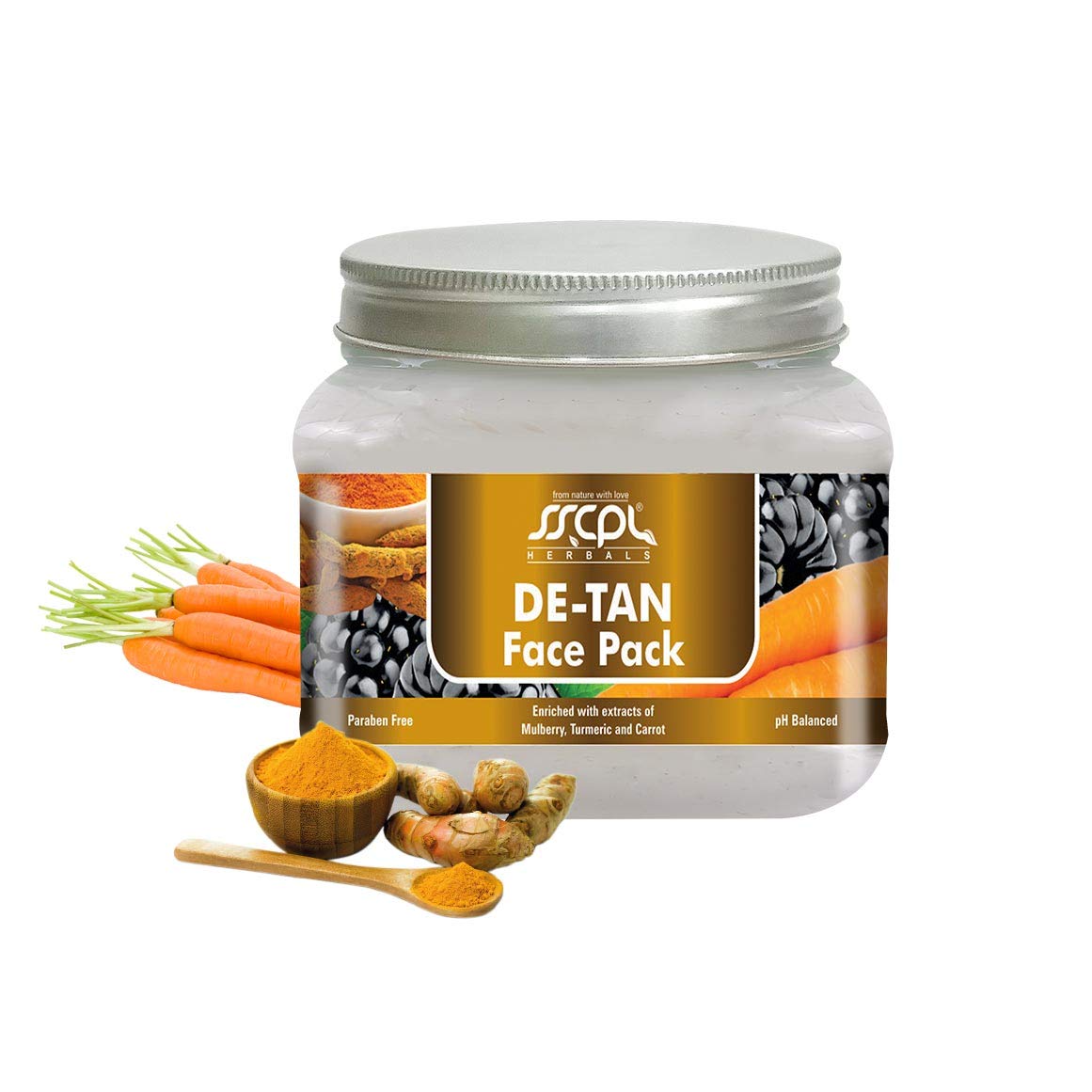 SSCPL Herbals DE-TAN Face Pack for Men & Women with Turmeric, Wheatgerm, Carrot and Calendula for Dark Spots, Open Pores, Wrinkles, Blackheads, Dullness, Acne and Detan (150G)