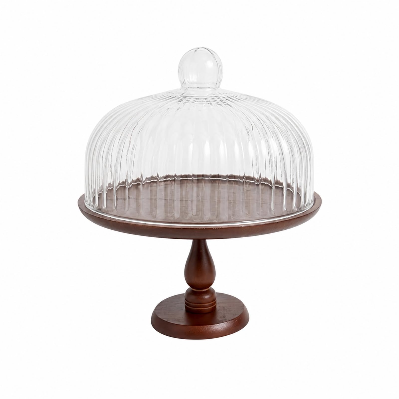 KESOTO Plat à Gâteau Dôme En Verre Cannelé | dôme Bois Surélevé, Plateau Service, Anti-Pssière, Vaisselle, pr Pâtisserie, collation, 28cm