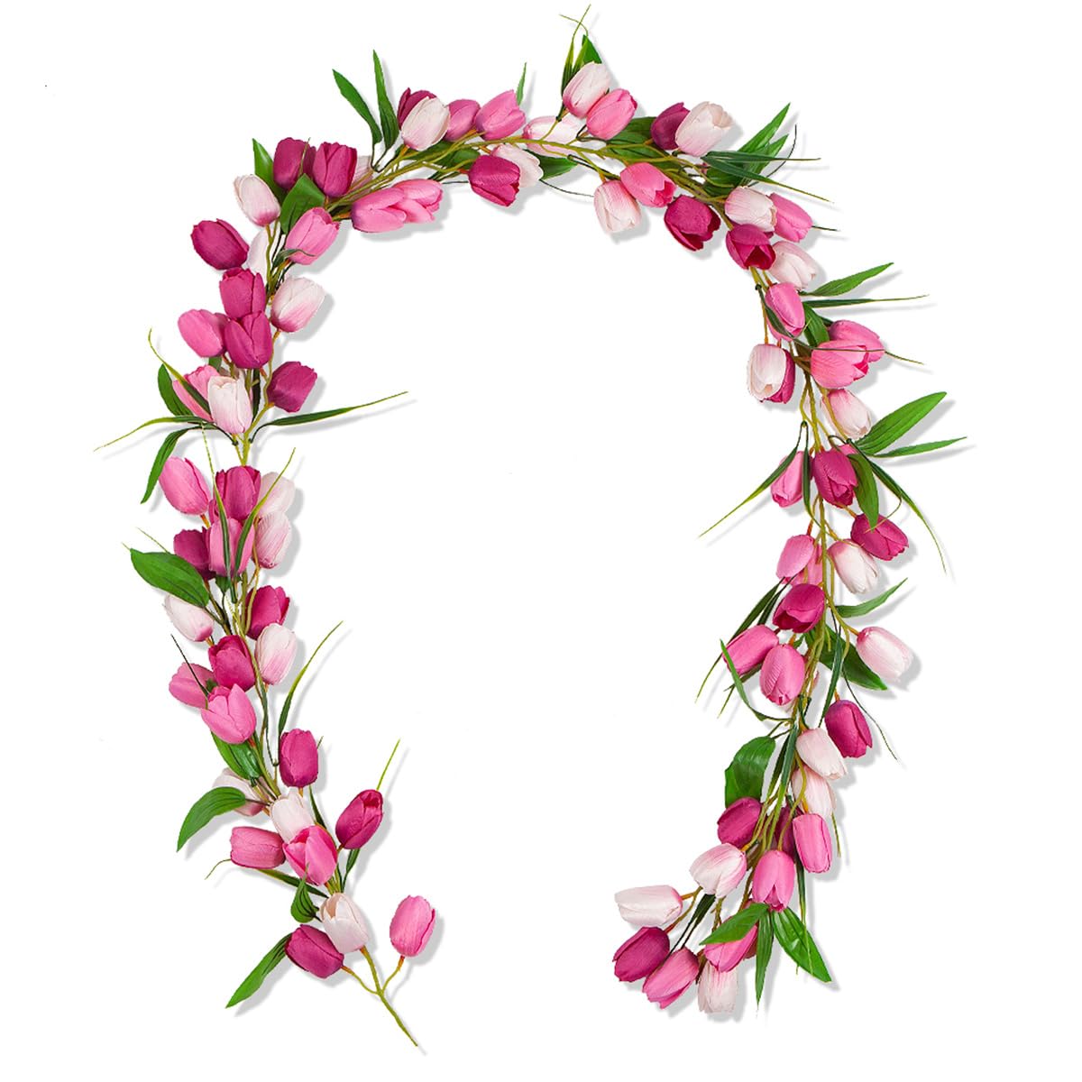 Künstliche Tulpengirlande, 1,8 m, Blumengirlande mit grünen Blättern, Kranz, Blumenranken zum Aufhängen, für Wand, Zuhause, Hochzeit, Innen- und Außenbereich, Dekoration, Valentinstag