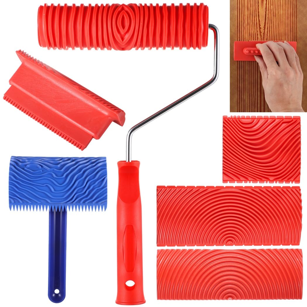 6 Stk. Holzmaserungs-Malwerkzeug-Set, weiche Gummiwerkzeuge mit Griff, Strukturroller für Wände, Böden und Möbel, Werkzeugset zur Holzoptikgestaltung für DIY-Raumdekoration