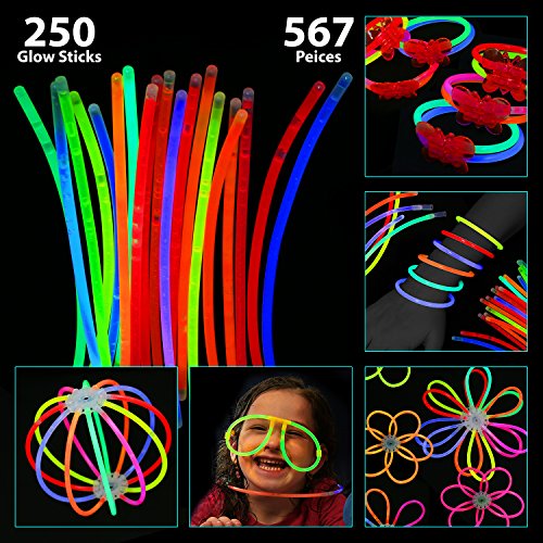 Bulk Pack of 567 Glowing Sticks - 250 Glow Sticks + 250 Connectors + 67 Connectors for Glow Necklace + Flower Balls + Triple Butterfly Bracelets and Luminous Glasses - Party Favors for Kids/Adults