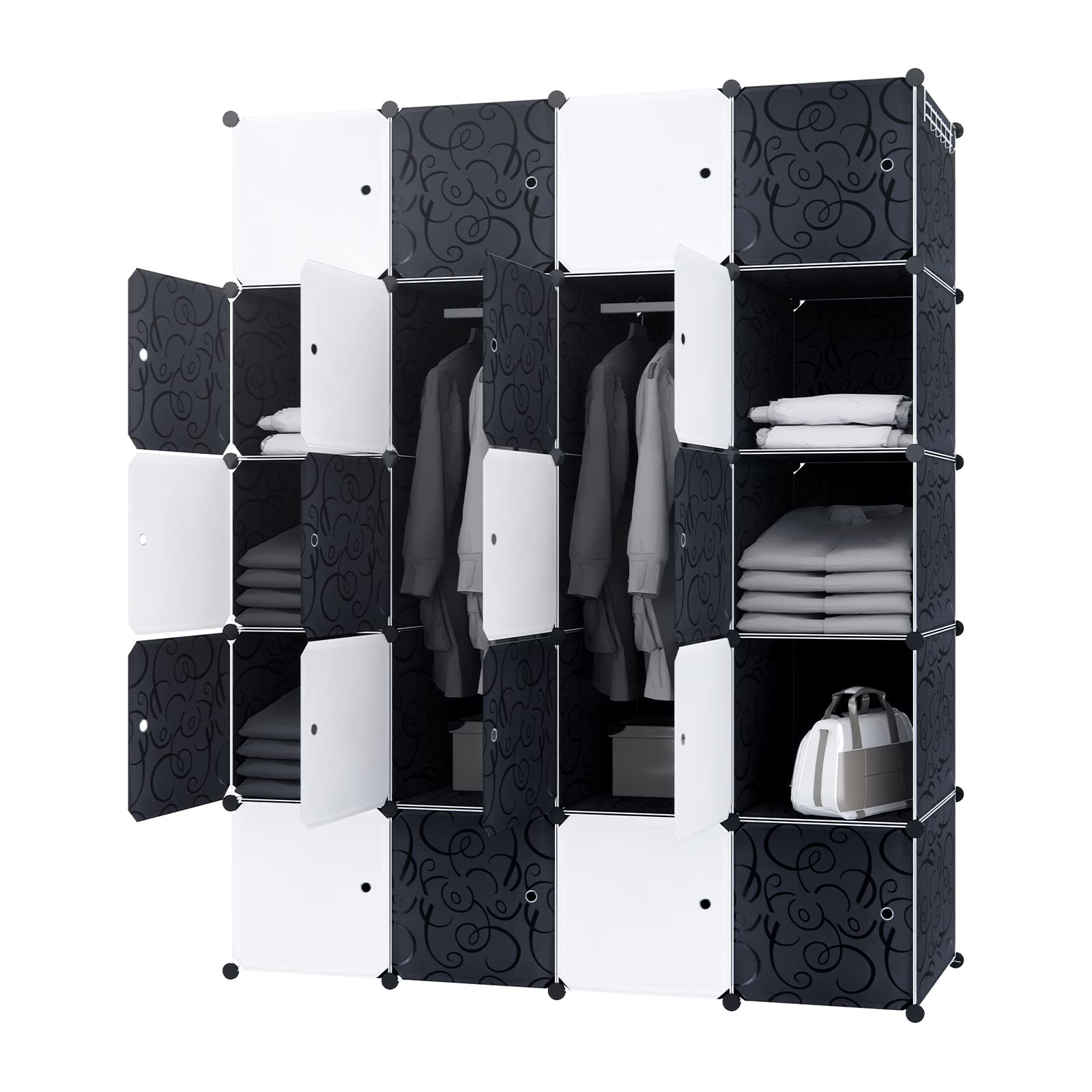 YUENFONG Kleiderschrank Organizer Garderobe DIY Regalsystem Steckregalsystem aus Kunststoff für Kleidung, Schuhe, Spielzeug und Bücher, Schwarz (20 Boxen mit Tür)