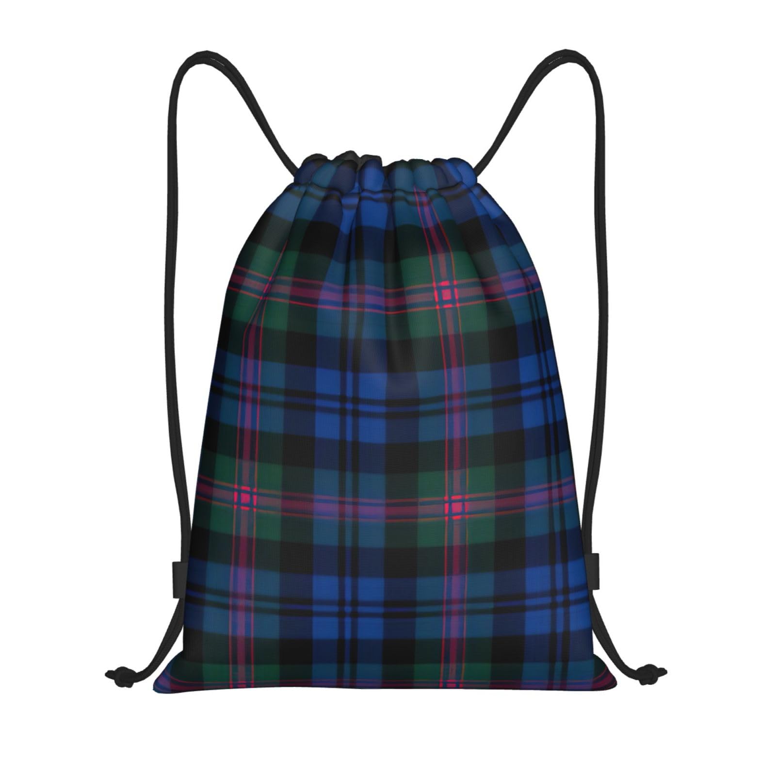 Wurton Unisex Black Blue And Green Scottish Tartan Print Lightweight Drawstring Bag Stylish Versatile Pull String Sports Backpack For Gym, M