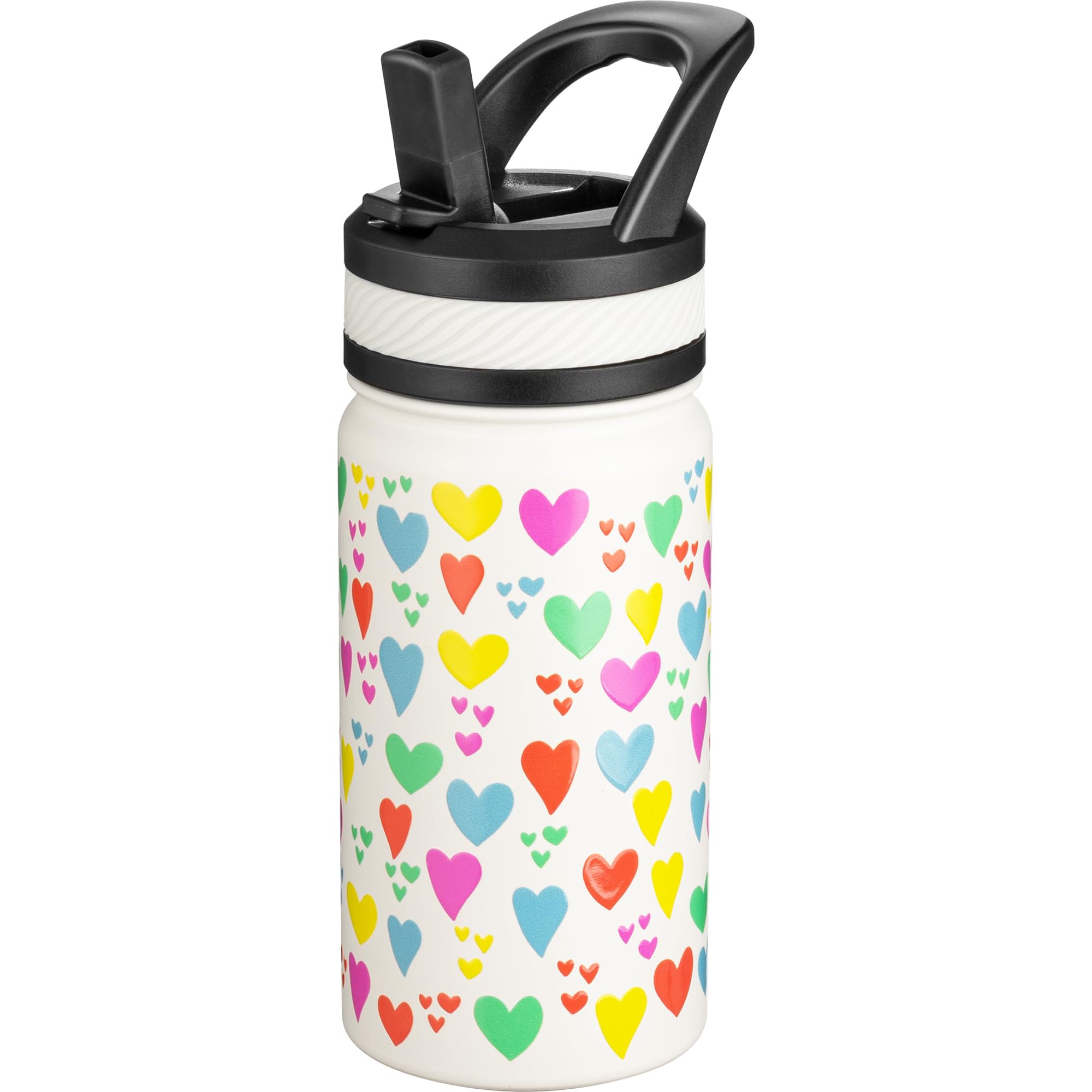 Fanhaw 14 Oz Kids Insulated Water Bottle with Straw - Stainless Steel Double Wall Vacuum Cup, Leakproof, BPA Free, Suitable for Boys and Girls(White - Rainbow Hearts)