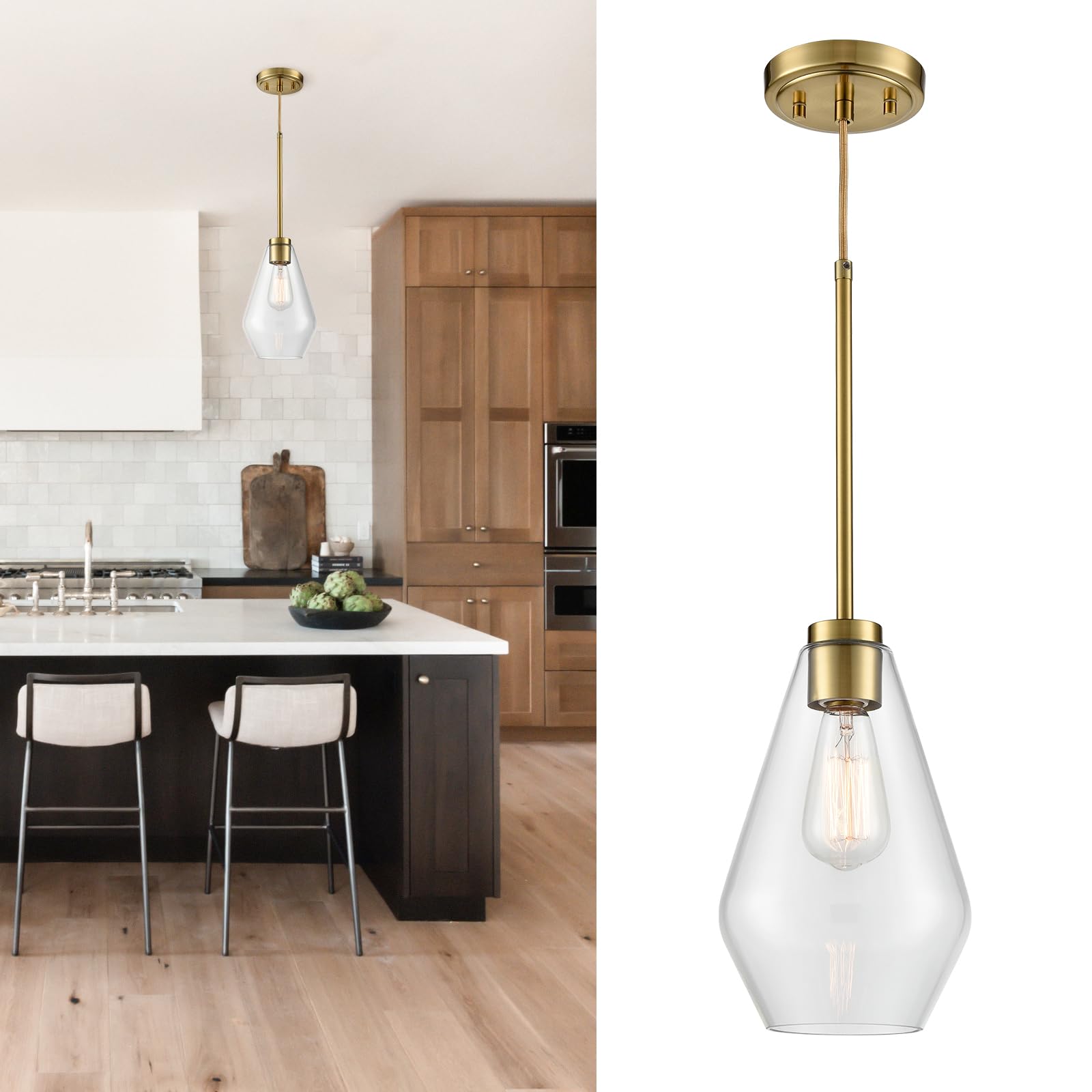 HYDELITE Gold Pendant Light Fixture Glass Pendant Lights Kitchen Island Modern Hanging Light for Dinning Room Kitchen Living Room Bedroom