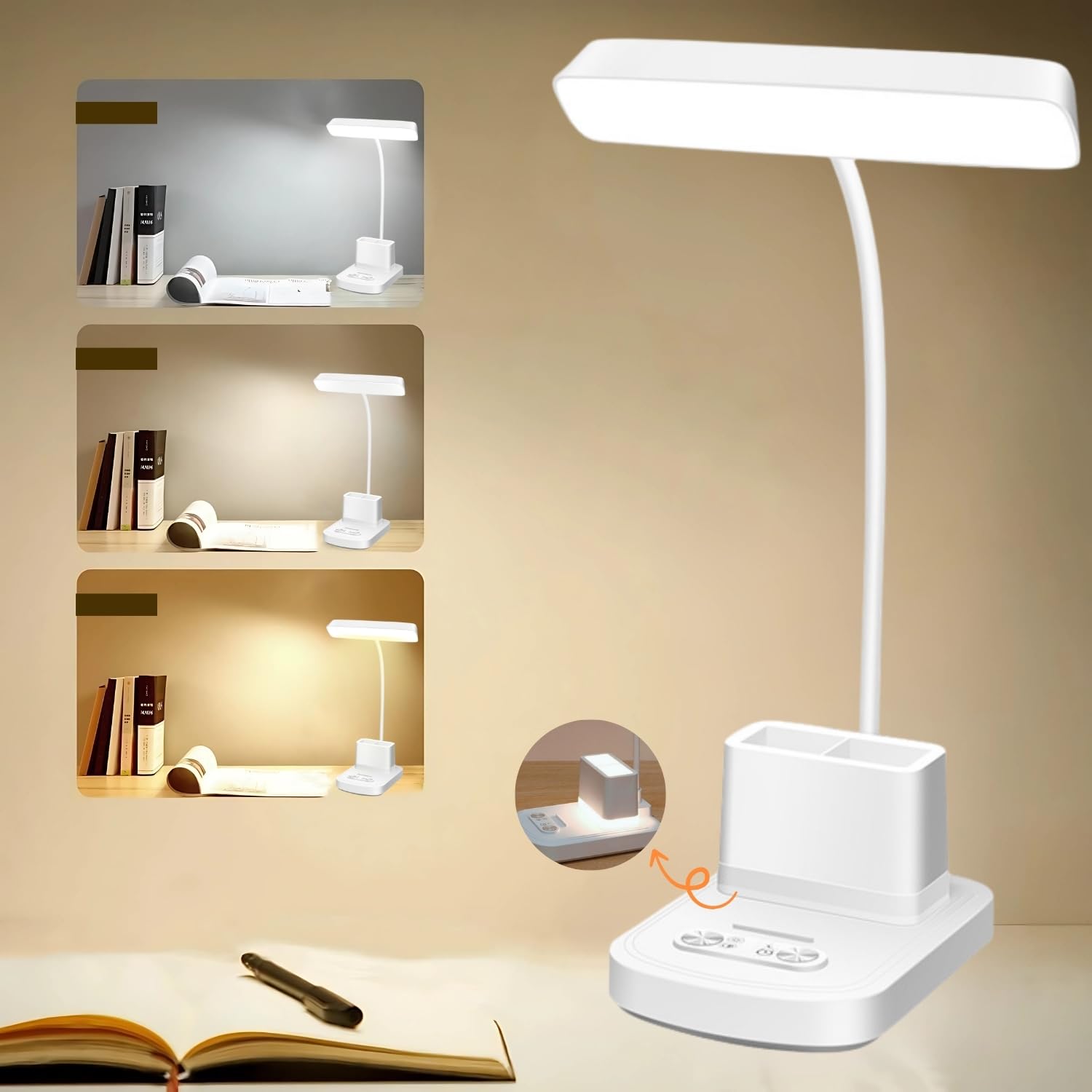 One94Store 3-in-1 LED Desk Lamp with Dual Holder (Pen & Phone) | Touch Sensor, USB Rechargeable Study Lamp | Dual Light Source (Top & Base Light), 3 Modes, Eye Protection, Night Lamp (Warm White)