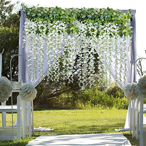 Image of 6 Pcs Artificial Polyester Hanging Flower Wisteria Vines Fake Flowers Vines for Home Party Wedding Garden Outdoor Greenery Decoration (6, White)