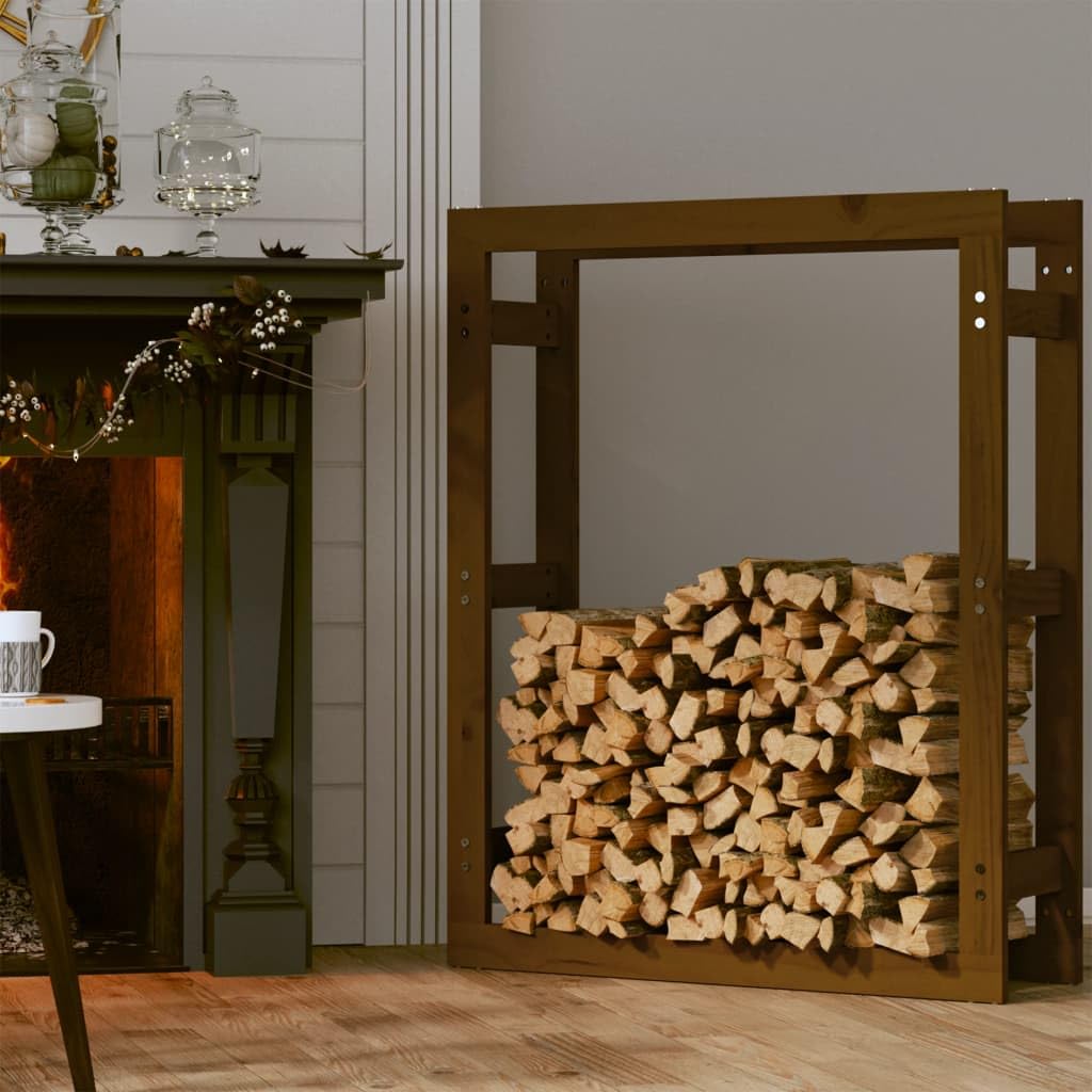 Estantería para leña, color marrón miel, de madera de pino maciza, 80 x 25 x 100 cm para leña, ayuda para apilar, almacenamiento, almacenamiento, soporte, protección en el salón, interior