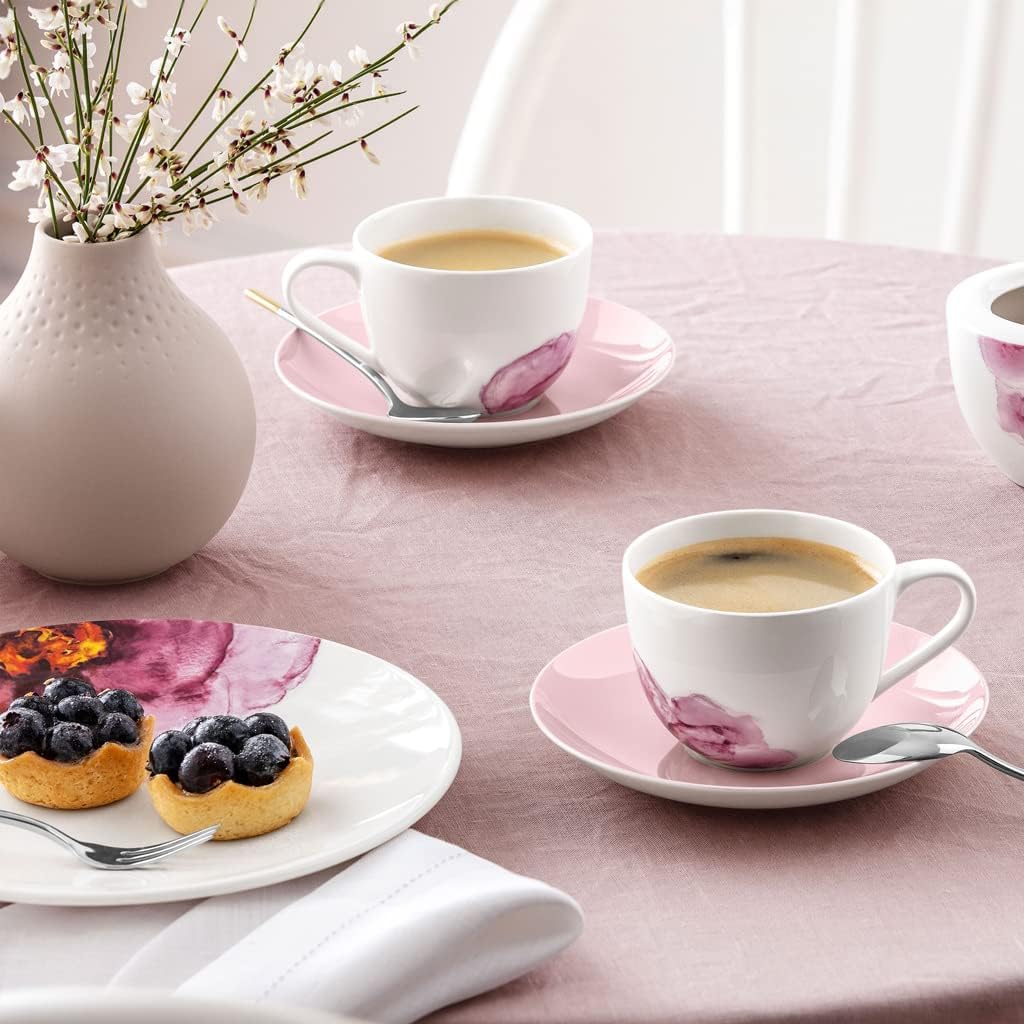 Villeroy & Boch Rose Garden Coffee Cup Saucer, 6 in, Premium Porcelain, Made in Germany, Pink