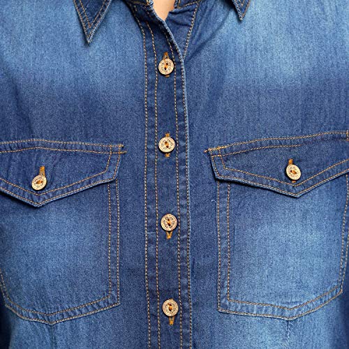 Image of Women's Casual Denim Dress with Regular Fit Solid Pattern Knee-Length 3 /4th Sleeves Flare A-line Design|Denim midi Dress for Women