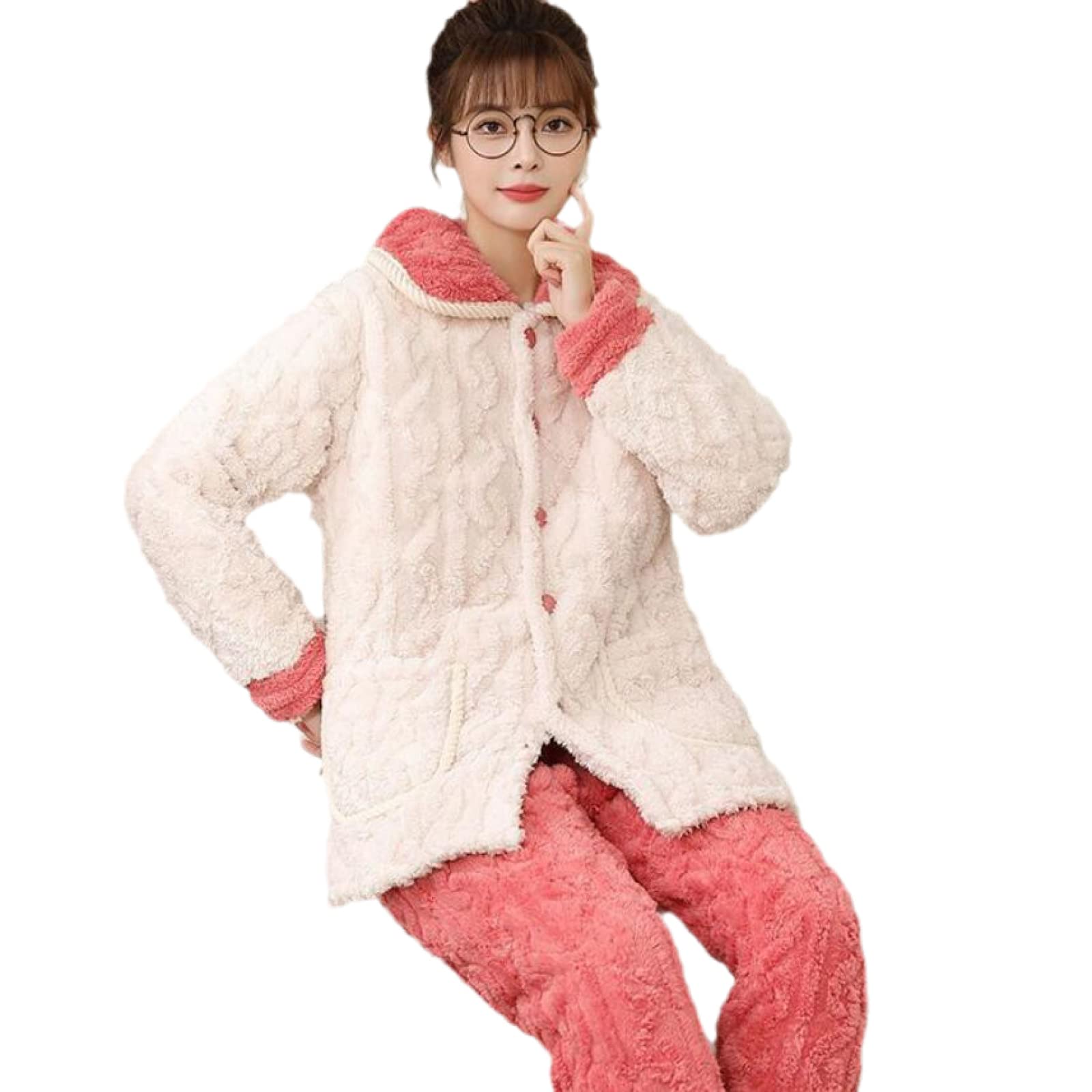 Set Pigiama in Pile Donna -Moda Inverno Addensare Pigiama Set Donne Caldo Flanella Pigiameria Loose Homewear Vestiti Casual Loungewear Maniche Lunghe Pantaloni