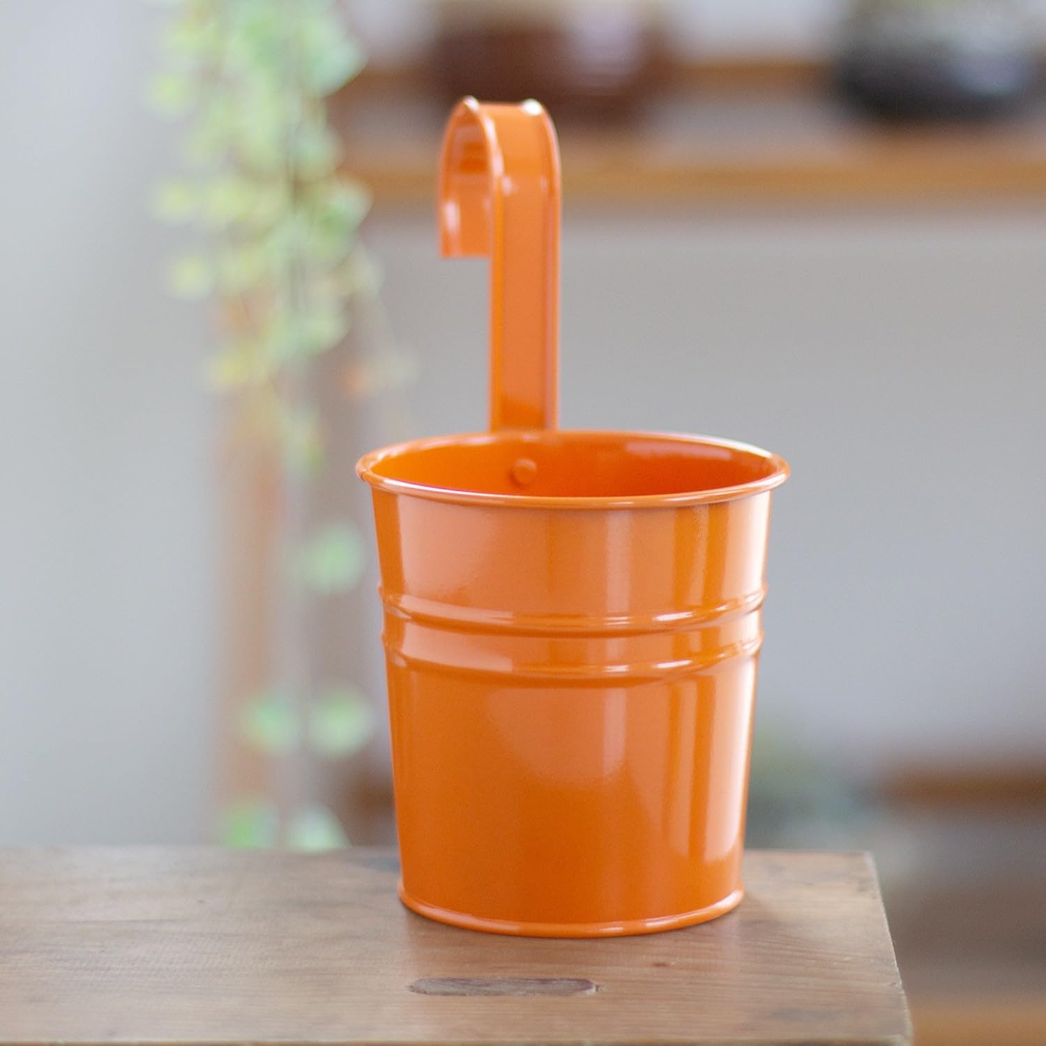 Hanging Plant Pots with Detachable Hook Metal Flower Pot Vase Bucket Hanging Garden Planter Holder with Drainage Hole, Fence Balcony Railing Home Decor (Orange, 7 IN)