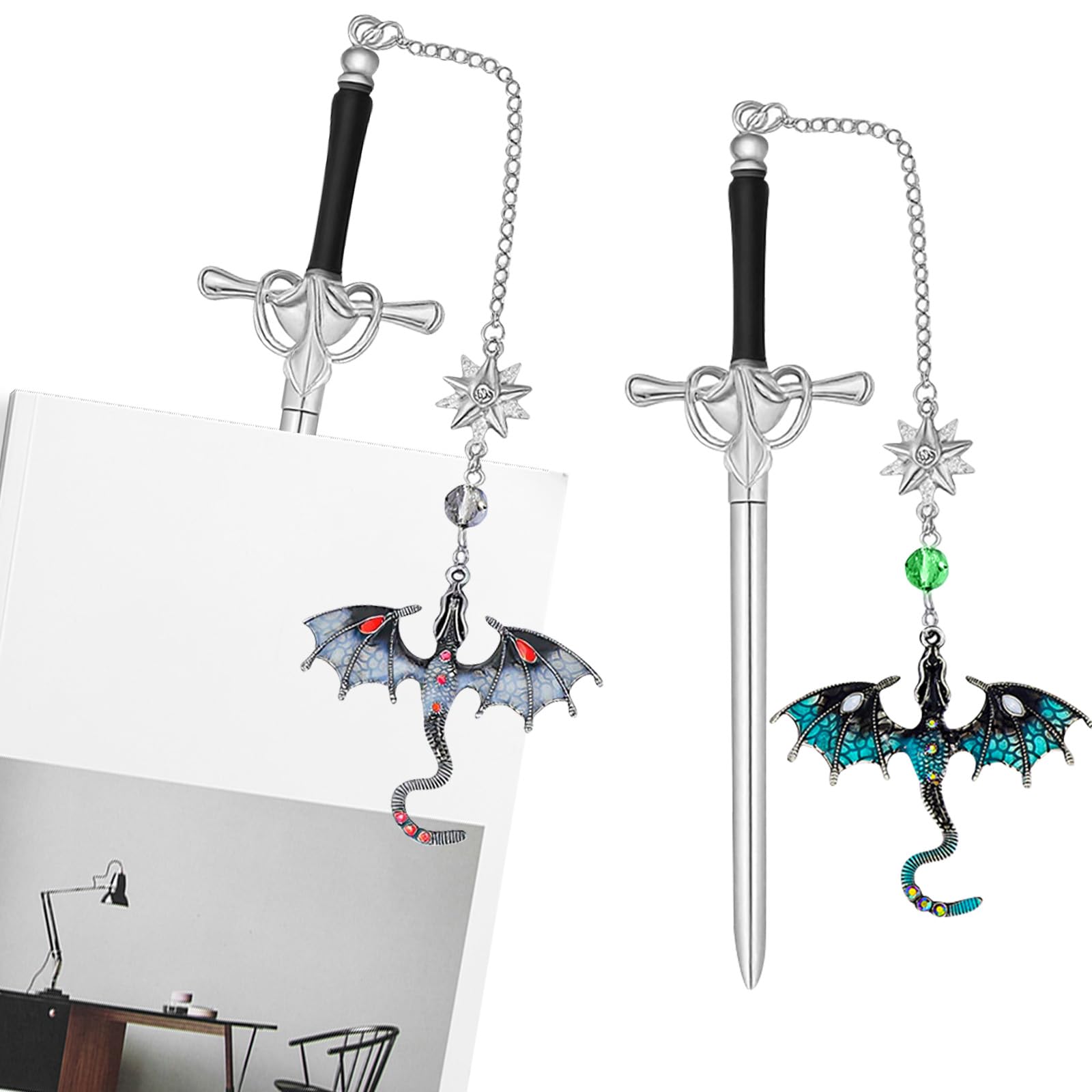 2PCS Dragon Bookmark, Durable Metal Sword Bookmark with Tassel Set, Funny Book Mark Collection for Book Lovers, Collectors, Unique Gifts