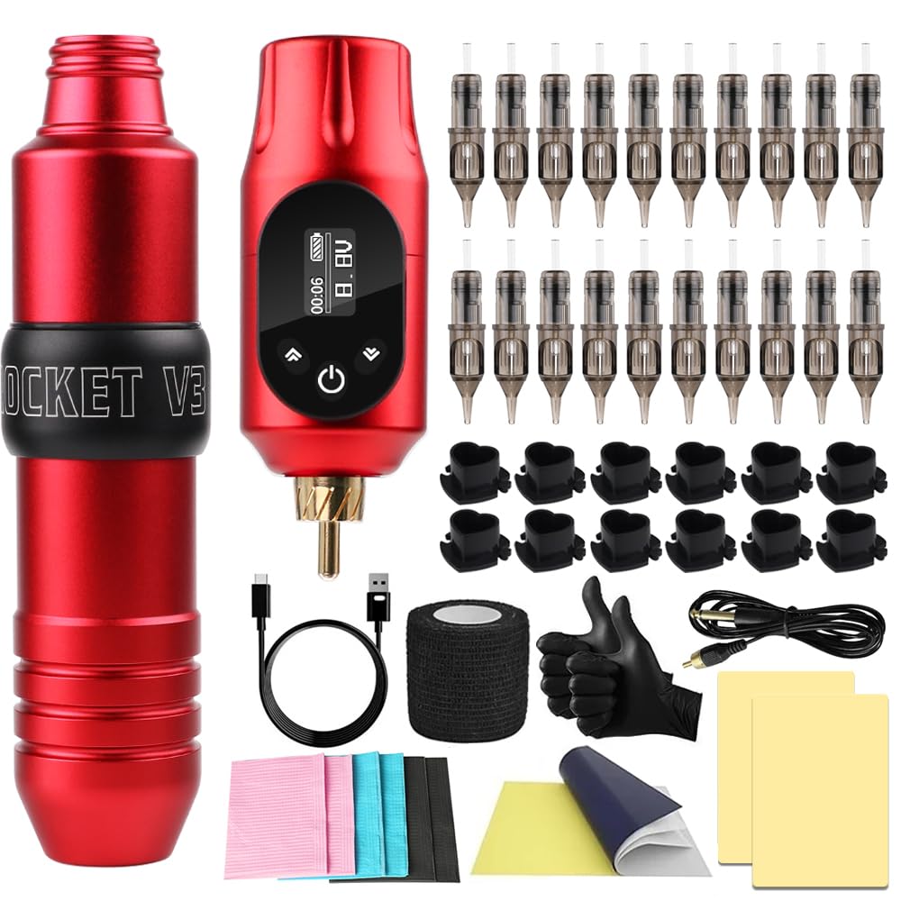Tattoo Machine Kit Tattoo Gun Kit with 10Pcs Cartridge Needles for Beginners and Body Artists Rotary Tattoo Machine Pen Kit Complete Tattoo Supplies (Red)