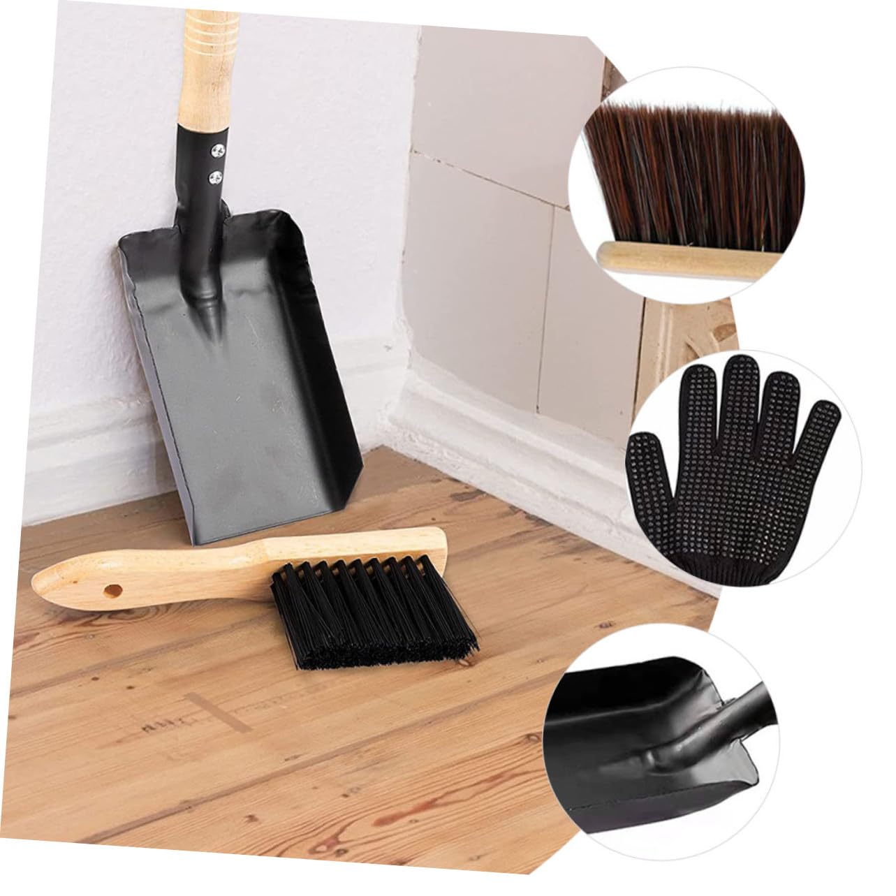 Gatuida Kit la Pulizia del Caminetto Pala per Carbone, Scopa in Legno e Guanti in Silicone Resistenti al Calore, Accessori Domestici Compatti e Portatili per Caminetti e Focolari