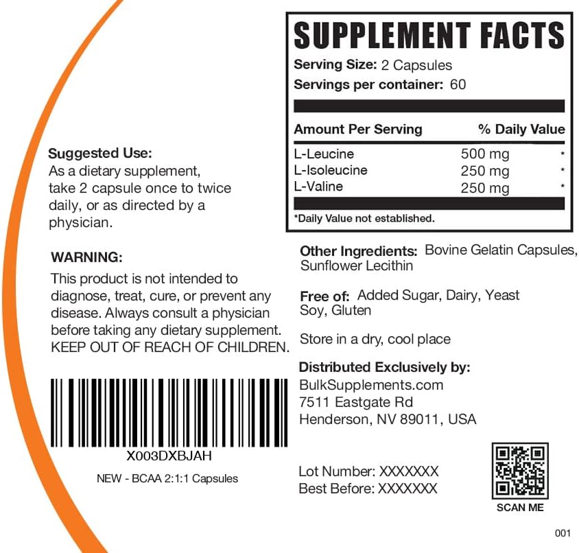 BULKSUPPLEMENTS.COM BCAA 2:1:1 Capsules - Branched Chain Amino Acids - BCAA Capsules - BCAA Supplements - BCAAs Amino Acids - BCAA Pills - 2 Capsules for Serving (120 Capsules)