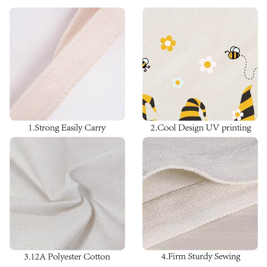 CREATCABIN Gnome Bee Cotton Tote Bag Canvas 100% Cotton Reusable Shopping Bags Beach Bag Summer Grocery Bags Eco-Friendly Aesthetic DIY Craft Multi-Function for Women Gifts Daily Life 13.3 x 15 Inch - Image 3
