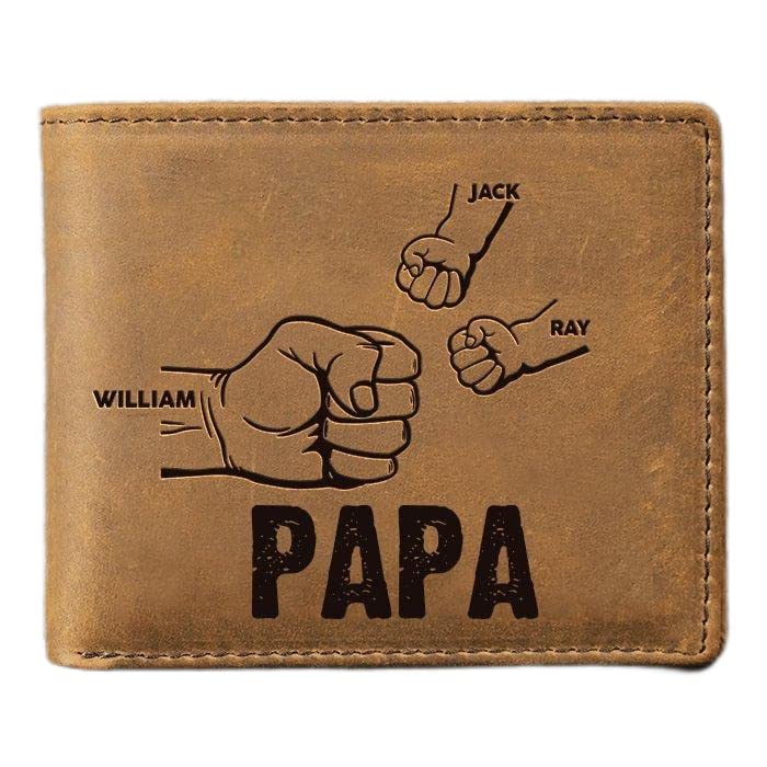 Nobelook Personalized Wallet for men with Fist Bump Custom Engraved 2-5 Names Mens Wallets Photo Bifold Leather Wallet Purse for Dad Papa Father Dad Husband Son BF (Fist Bump-PAPA)