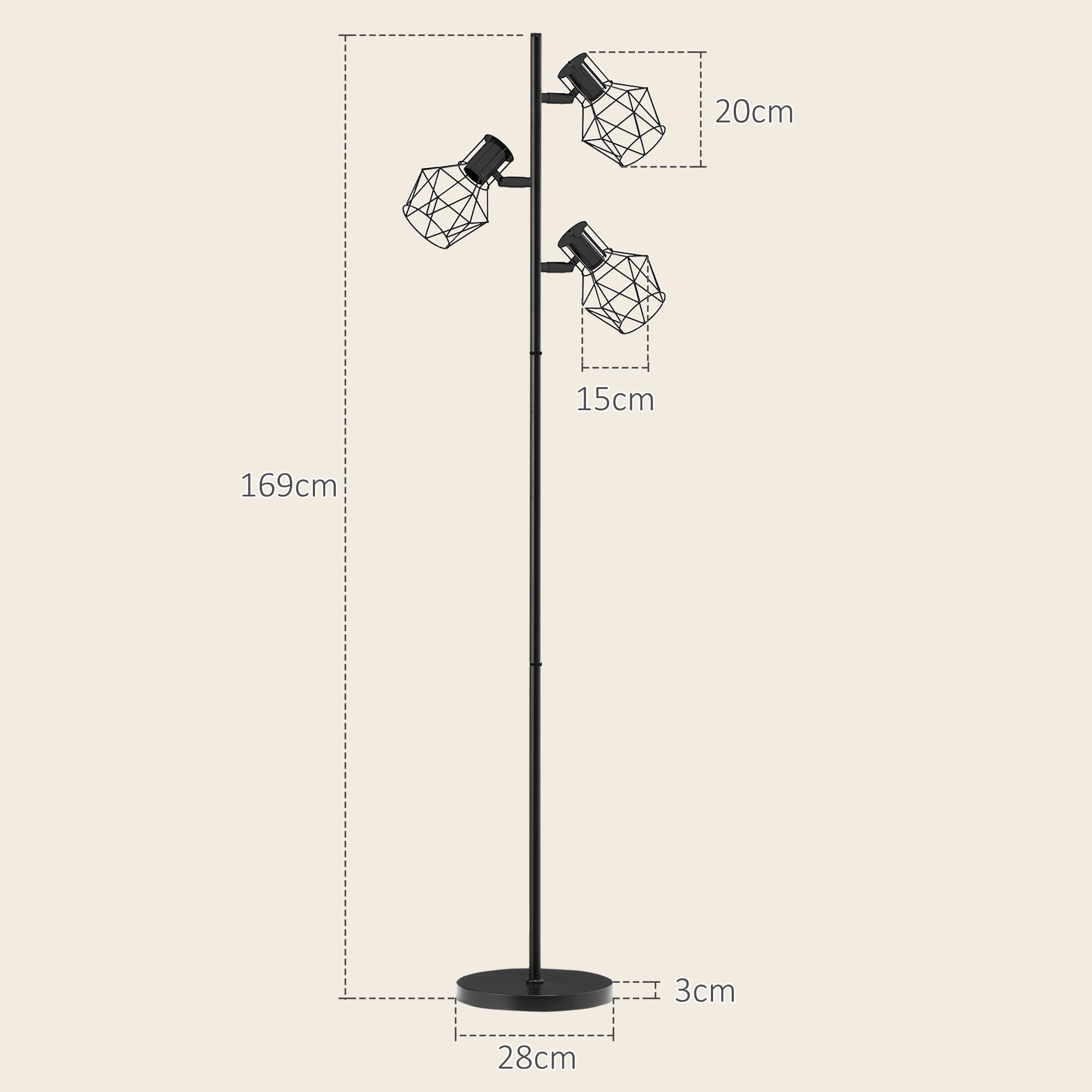 HOMCOM Lampadaire sur Pied Salon 3 Lumières E27 pour Salon Chambre Noir | Lampe sur Pied, Interrupteurs Individuels, Ampoules Non Incluses, Chambre à Coucher