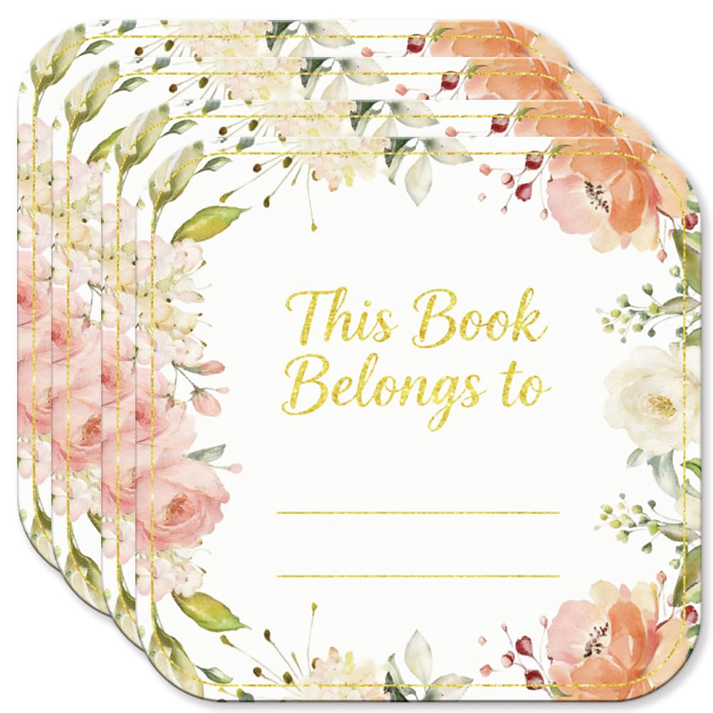 PRESSINART 60pcs Book Plates Sticker Flowers Name Tag 2 x 2 Inch, This Book Belongs to Stickers Pink Floral Design PVC Paper Self Adhesive Name Labels for Bookplates Library Supplies