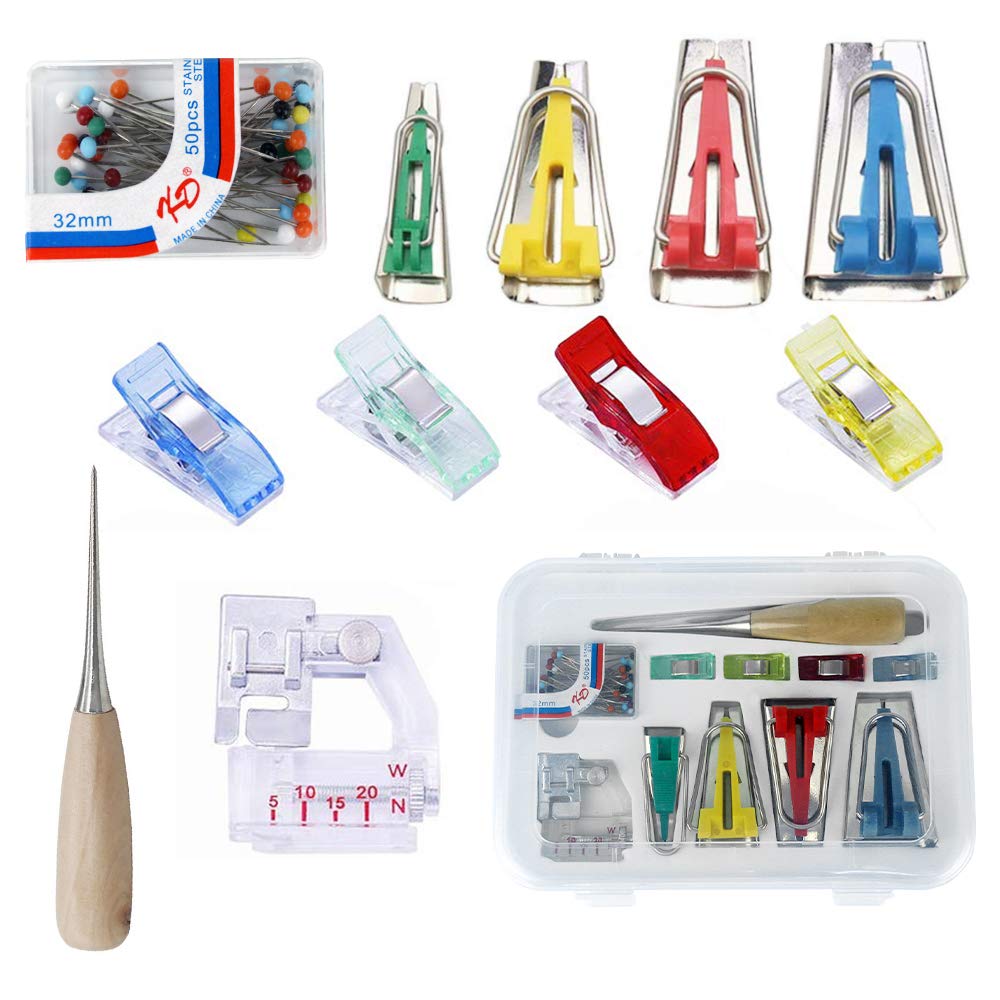 Suntapower Fabric Bias Tape Makers Kit with Sewing Awl, Bead Needles, Adjustable Binder Clip, Foot Press -Practical Bias Tape Maker Set