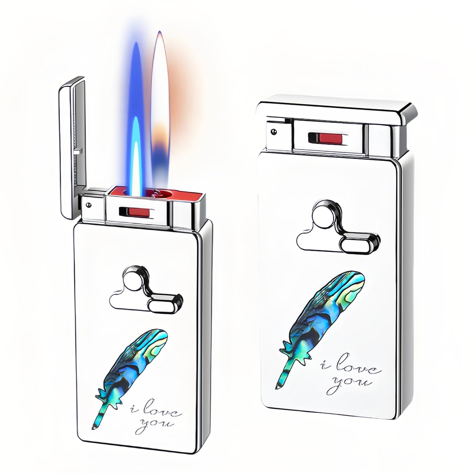 Smart Butane Torch Lighter, 5 Ignition Methods, Voice Controlled Dual Flame Lighter with Jet Blue Flame and Open Flame Options, Windproof Refillable Lighters (Without Gas) (Feather)-image-47
