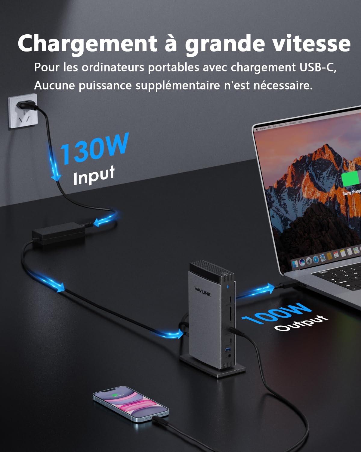 WAVLINK Docking Station pour Ordinateur Portable Displaylink avec 3 HDMI, USB C Dock Triple Display 4K60Hz, 100W Charging for M1 M2 M3 M4 M5 Mac/Windows, 2DP, Ethernet, Compatible avec Le MacBook Neo