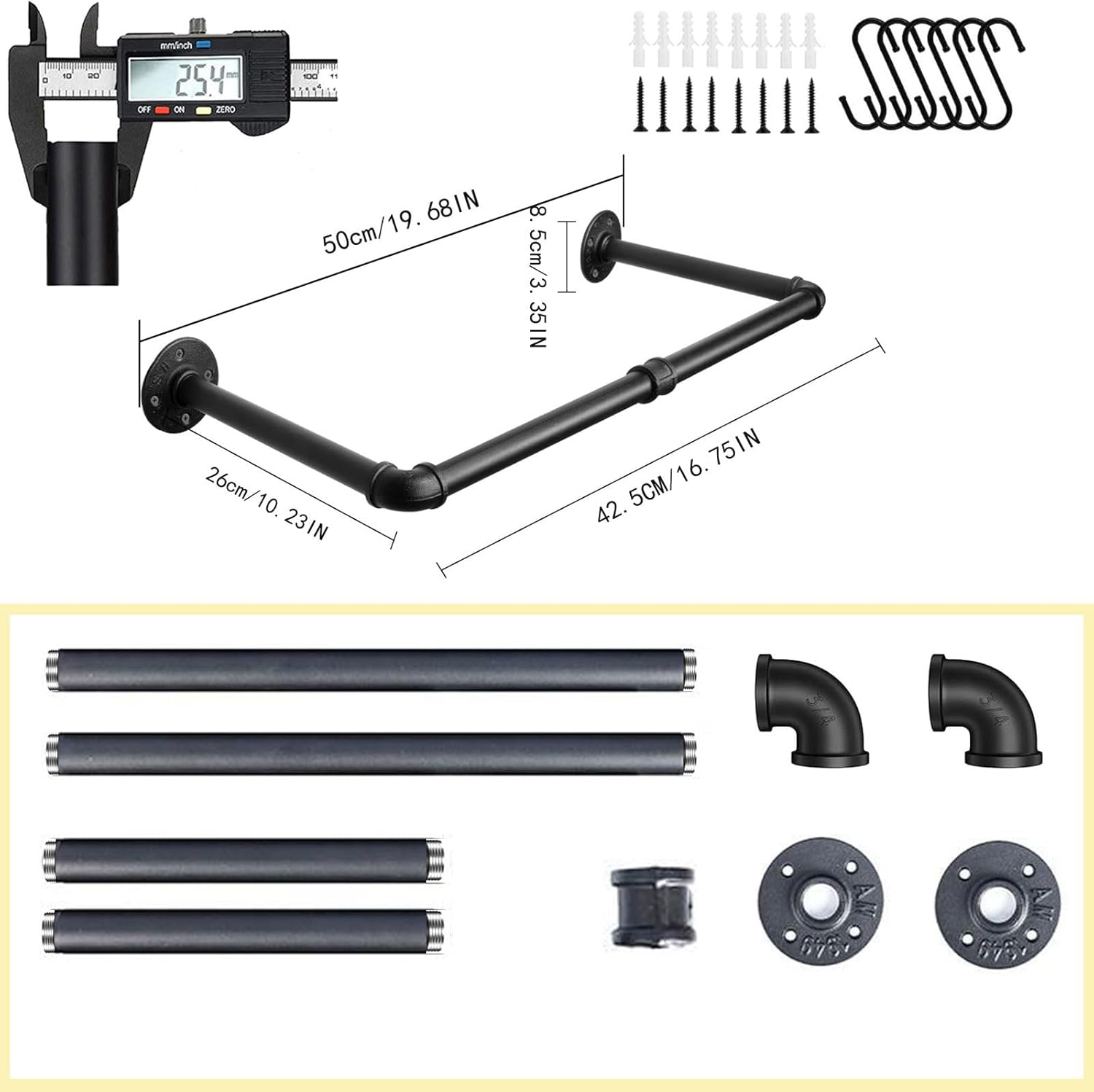 Wall Mounted Clothes Rack of 2?19.68" Industrial DIY Heavy-Duty Pipe Clothes Rack for Hanging Clothes?Multi-Purpose Clothing Hanging Rod for Laundry Room and Closet Storage?Black 19.68in/50cm 2PACK