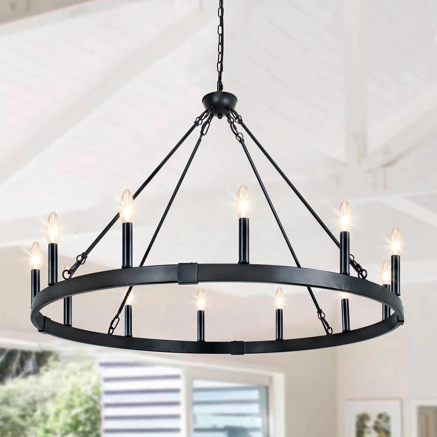37.4" 12-Light Black Wagon Wheel Chandelier, Extra Large Farmhouse Chandeliers for High Ceiling Rustic Round Pendant Light Fixture for Kitchen Island Living Room Dining Room Entryway Foyer