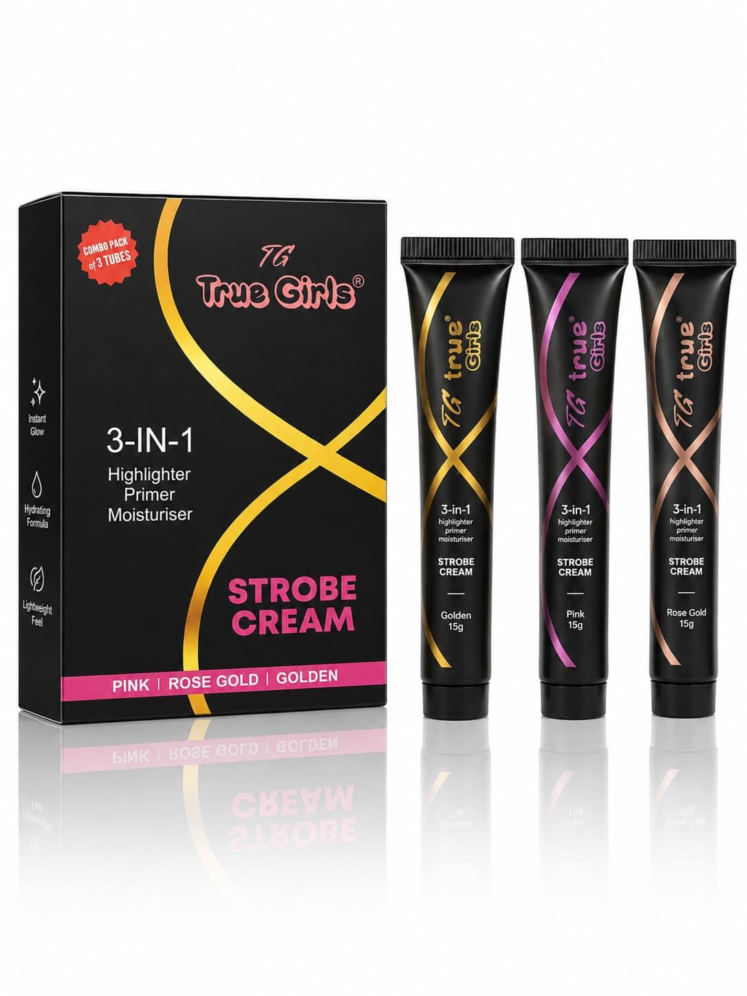 3-in-1 Strobe Cream, Highlighter Primer Moisturiser, Pink, Rose Gold, Golden, 15g Each, Combo Pack of 3-picture-18