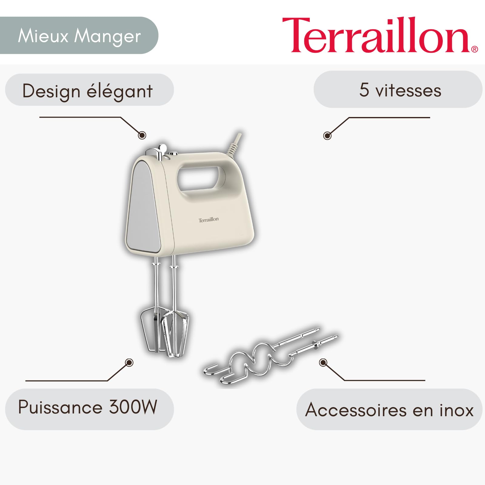TERRAILLON - SUNRISE - Sbattitore elettrico, frusta e ganci impastatrici in acciaio inox, funzione turbo, 5 velocità, 300 W, pulsante Eject, Design vintage, Crema