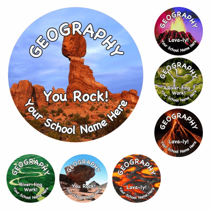 School Stickers Personalised Geography You Rock Stickers - 7 Rock Designs - Custom School Name - Eco-Friendly Teacher Rewards - UK Made Recycled Paper - 25mm Round