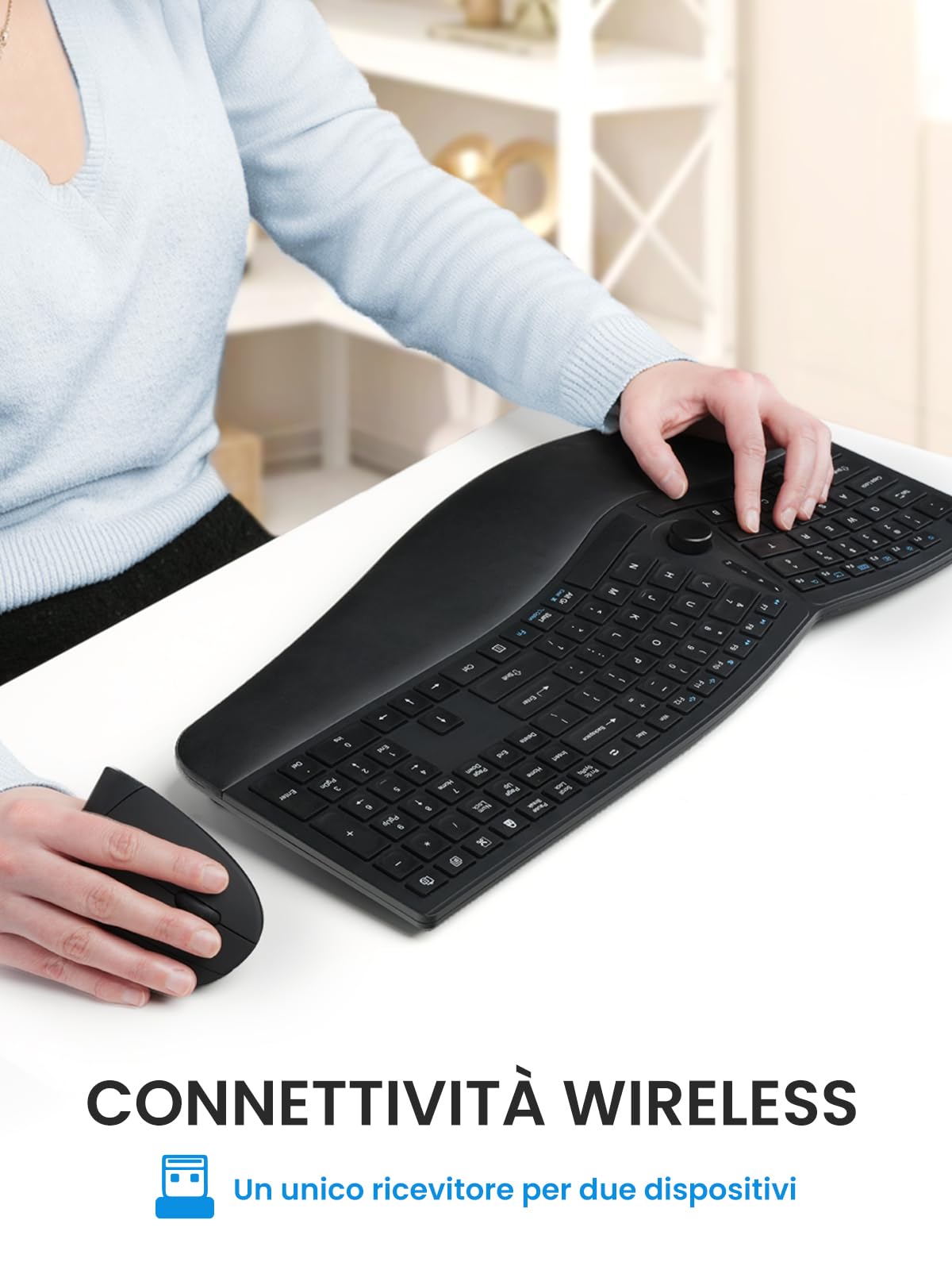 Perixx PERIDUO-614IT, Combo Ergonomico Wireless Silenzioso con Tastiera e Mouse Verticale – Poggiapolsi Regolabile – Tasti a Forbice X-Type stile Laptop – Ricaricabile – Layout IT