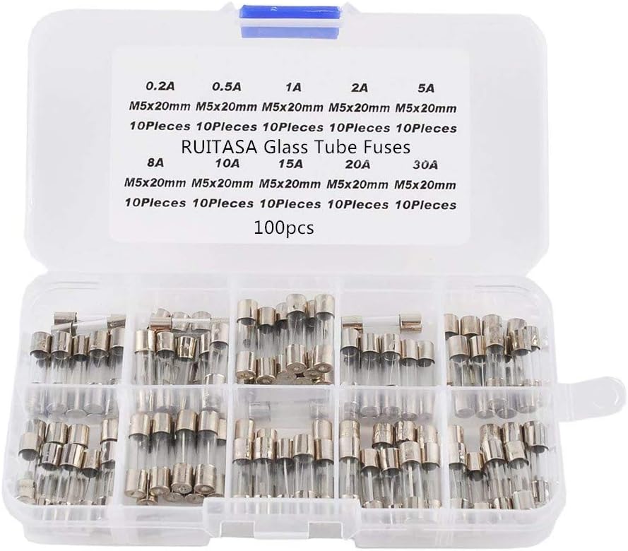 100 Pcs Fast-Blow Glass Fuses Assortment Kit, Cartridge Fuses,5x20mm 250V 0.2A 0.5A 1A 2A 3A 5A 8A 10A 15A 20A