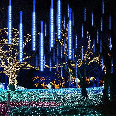 GPODER Lluvia De Meteoros 30Cm, 8 Impermeable Transparente Tubos Luces Lluvia, 288 Leds Meteoros Lluvia Luces Para Navidad Árbol Exterior Jardín Decoración Luces Leds(Azúl) Cover