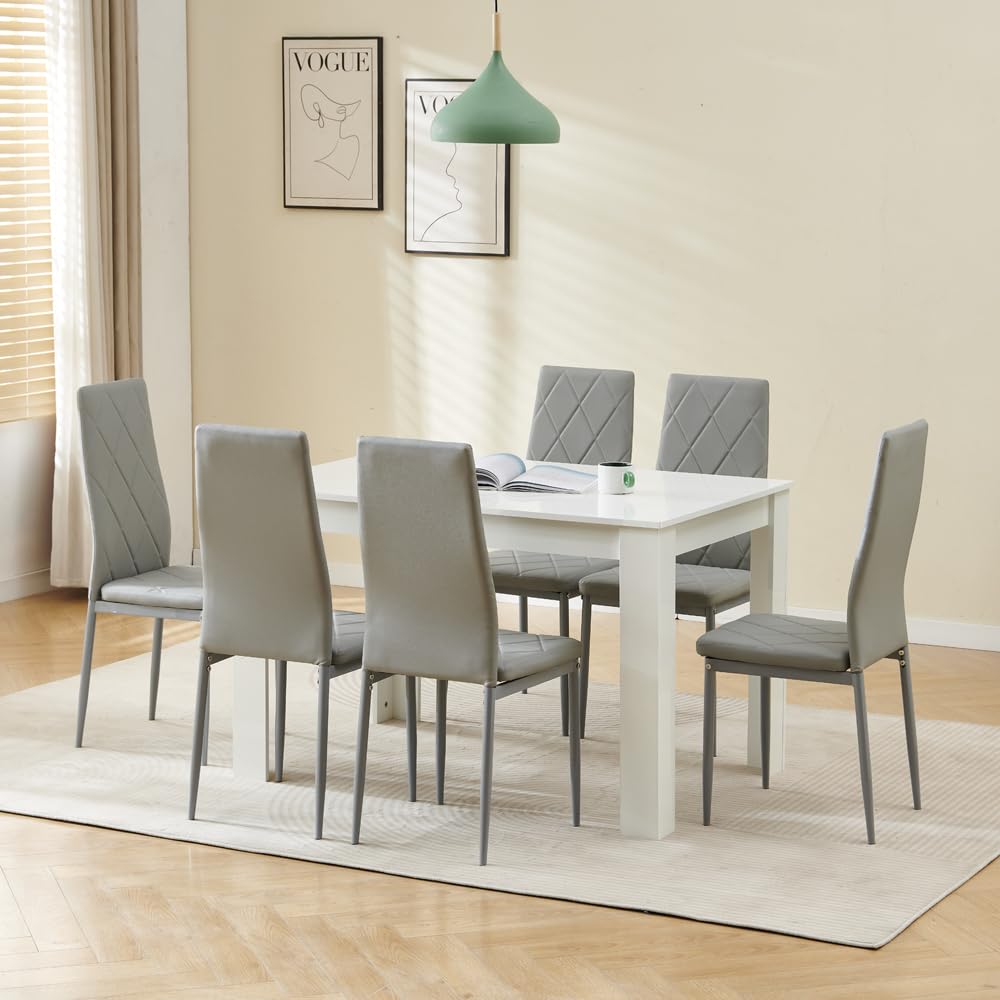 Menaka Wood Dining Table and Chairs Set of 6, Small Rectangular Kitchen Dinner Table with 6 Seaters (Argyle Grid Grey Leather Chairs, 120m high gloss white table, 6 seaters)