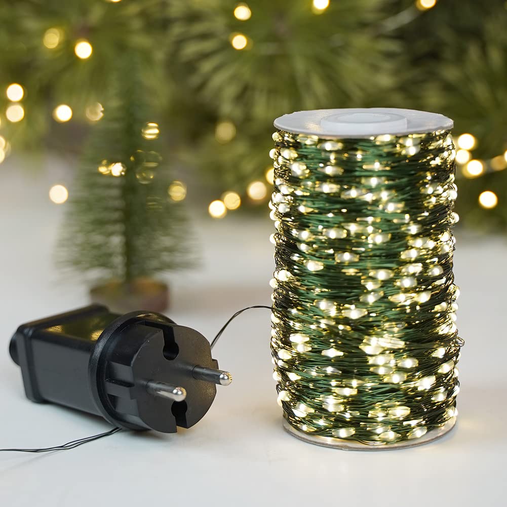 Catena Luminosa 120m 1200 LED per Esterni, Filo Verde, Bianco Caldo, Impermeabile con Telecomando, Luci Decorative Plug-in per Albero di Natale, Patio, Giardino, Cortile, Matrimonio