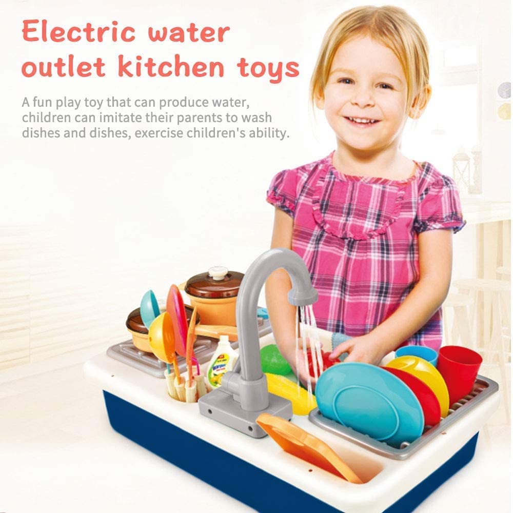 Jouet D'évier de Cuisine-Cuisine pour Enfant avec Lave-Vaisselle,Robinet,Couverts,Nettoyant de Cuisine,Jeu de Cuisine avec Eau Courante,Cadeau Garçon et Fille 1 an(Bleu)