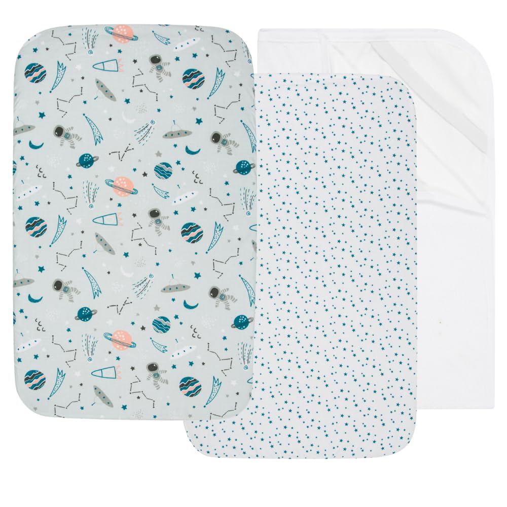 FlyIdeas Set 2 Lenzuola Navicella Neonato 75x35 cm + 1 Coprimaterasso Carrozzina Impermeabile – 100% Cotone – Traspirante, Morbido, Adatto per Culla e Passeggino (Cosmos)
