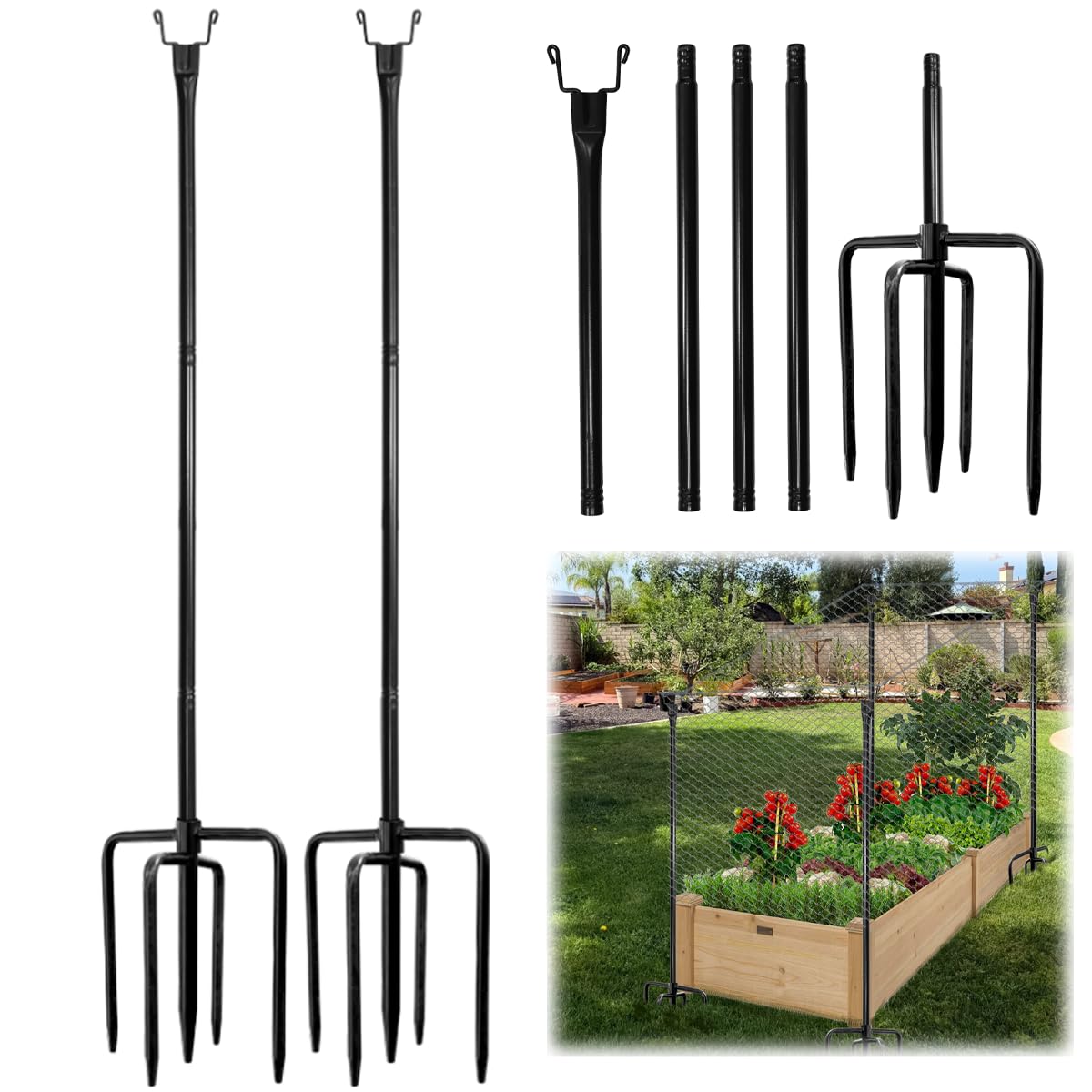 Lot de 2 piquets en métal robuste de 198 cm pour filet de jardin 5 dents