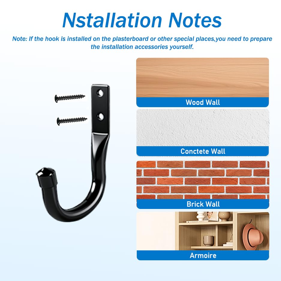 6 Pcs Gancho Pared de Garaje Resistentes, Gancho Bicicleta Ganchos para Colgadores de Pared Negro, Soporte Ganchos en J para Herramientas de Jardín Eléctricas