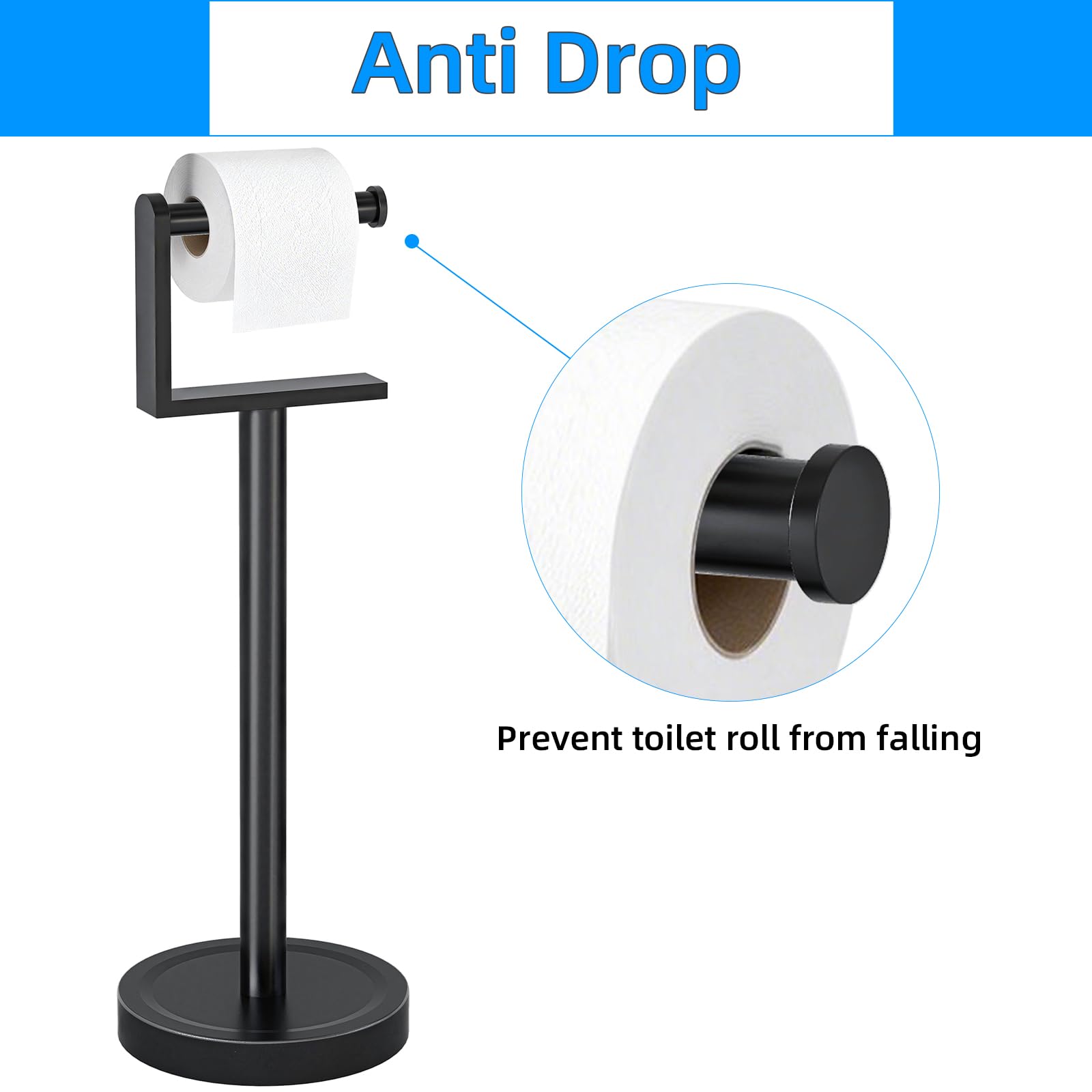 Heavy Duty Toilet Paper Holder Stand, Stable Weighted Base Toilet Paper Holder Free Standing, Stainless Steel Bathroom Free Standing Toilet Paper Roll Holder, Matte Black Tissue Rack — Amazon image 6