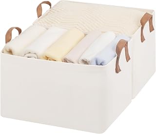 StorageWorks Large Fabric Storage Bins with Metal Frame & PU Handles - Natural Color Closet Organizers for Shelves, 2-Pack