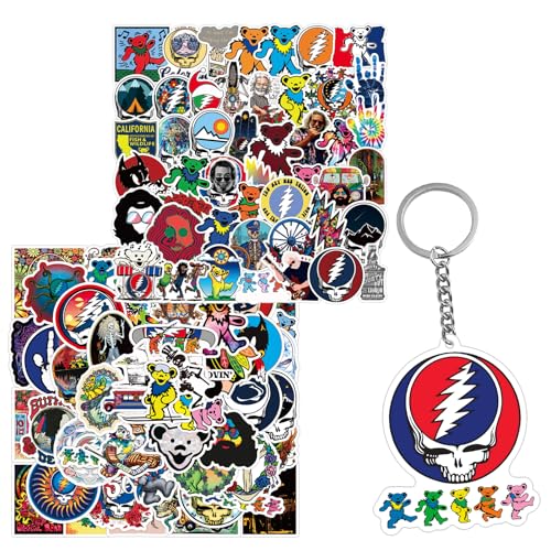 Babymiu Cartoon Bear Stickers 100Pcs（with Skull Face Keychain Pendant） Rock Music Band Merch Stickers Gifts Party Supplies for Water Bottles Skateboard Guitar Phone