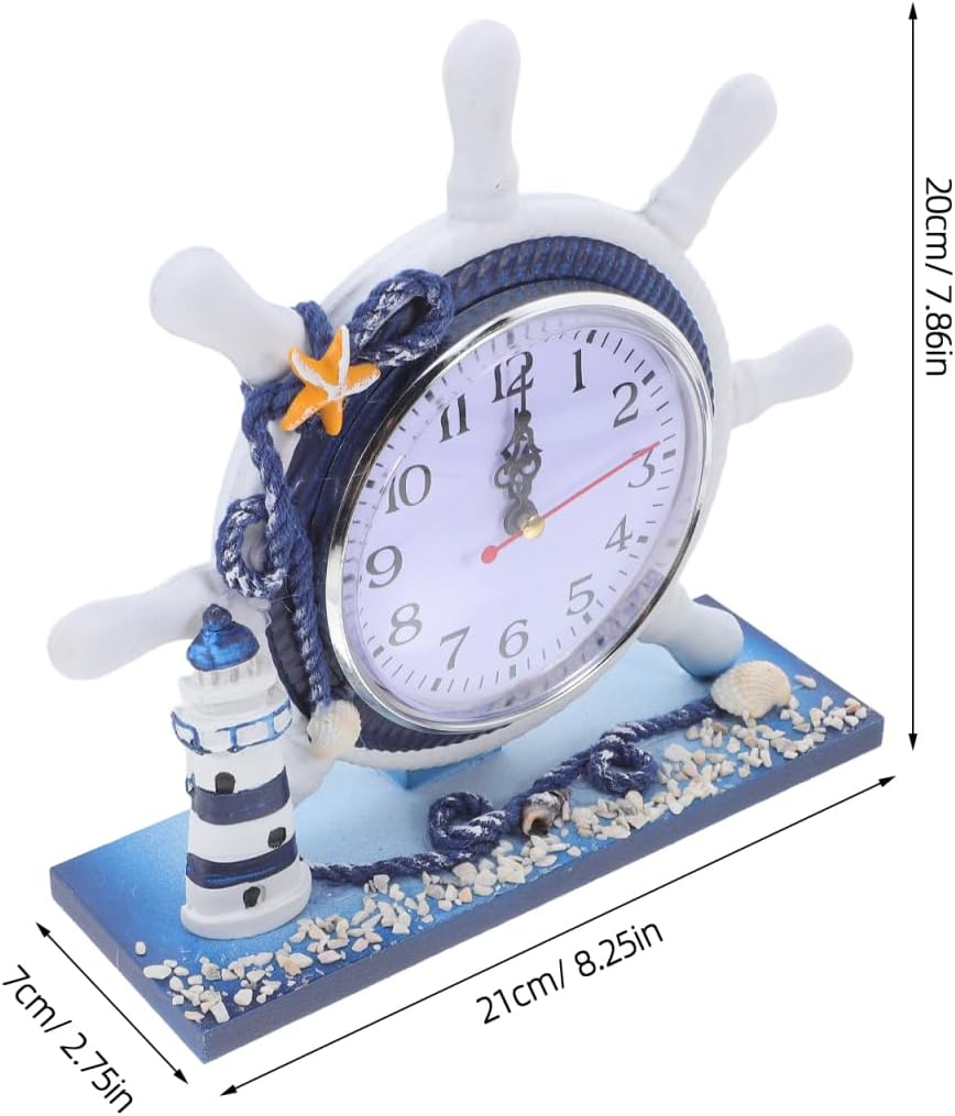 VICASKY Nautical Wall Clock Beach Coastal Small Table Bathroom for Shelf Ship Wheel Travel Cruise Clocks Mediterranean Style Silent Desk Lighthouse Helm Wooden Rudder Theme Decor Ornament Ocean