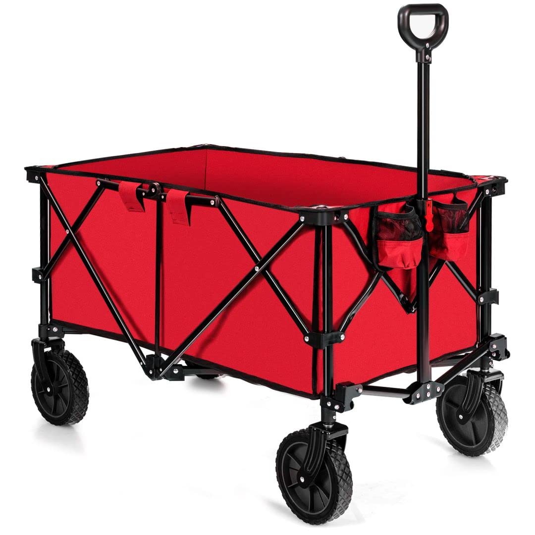 GiantexUK Foldable Wagon Cart, Outdoor Garden Trailer with Adjustable Handle, Cup Holders and 360 Degree Rotatable Wheels, Collapsible Utility Camping Cart (Red)